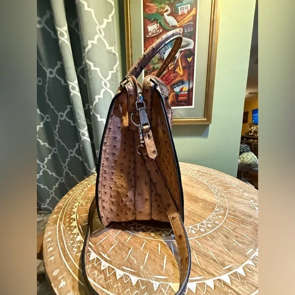 London Fog Brown Ostrich-Embossed Satchel Bag, often named "Lark" - Picture 5 of 12